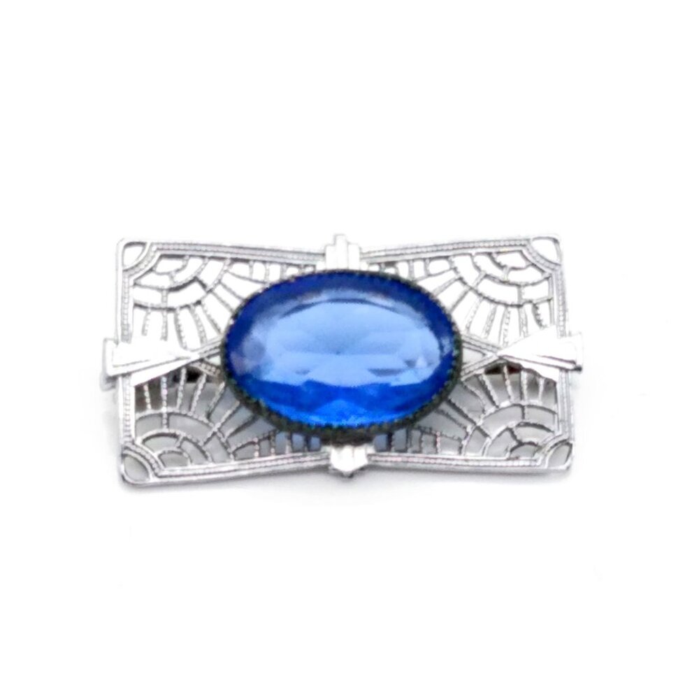 Art Deco Blue Crystal Filigree Brooch, Vintage Rectangle Pin, Silver Tone